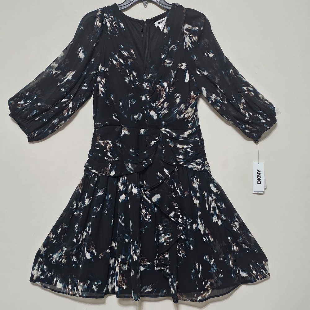 DKNY Dress 6 Black Multicolor Vneck Long Sleeves Knee-length‎ Ruched Waist 0717
